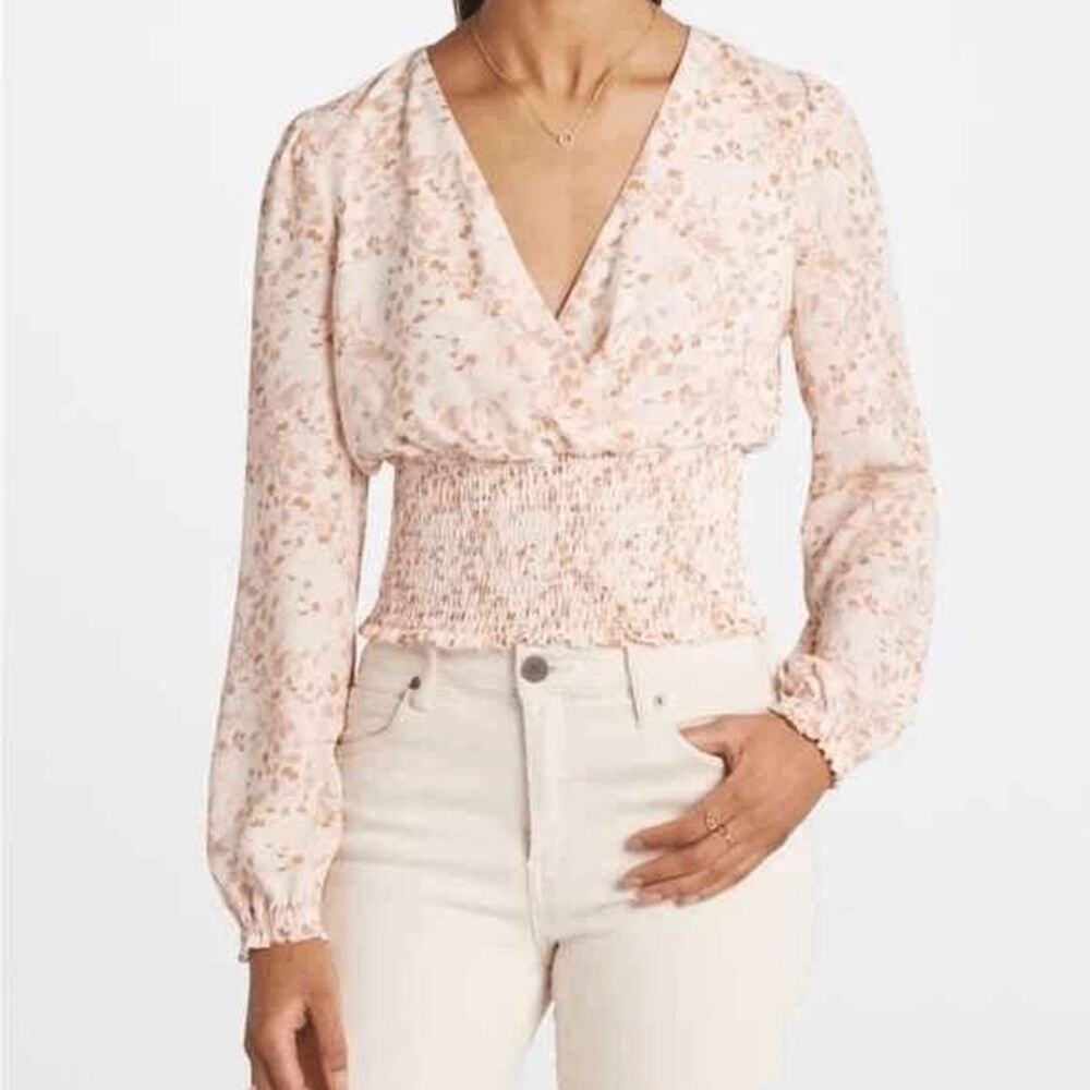 Violets & Roses Smocked Floral Blouse Size LP Cream Long Sleeve NWT